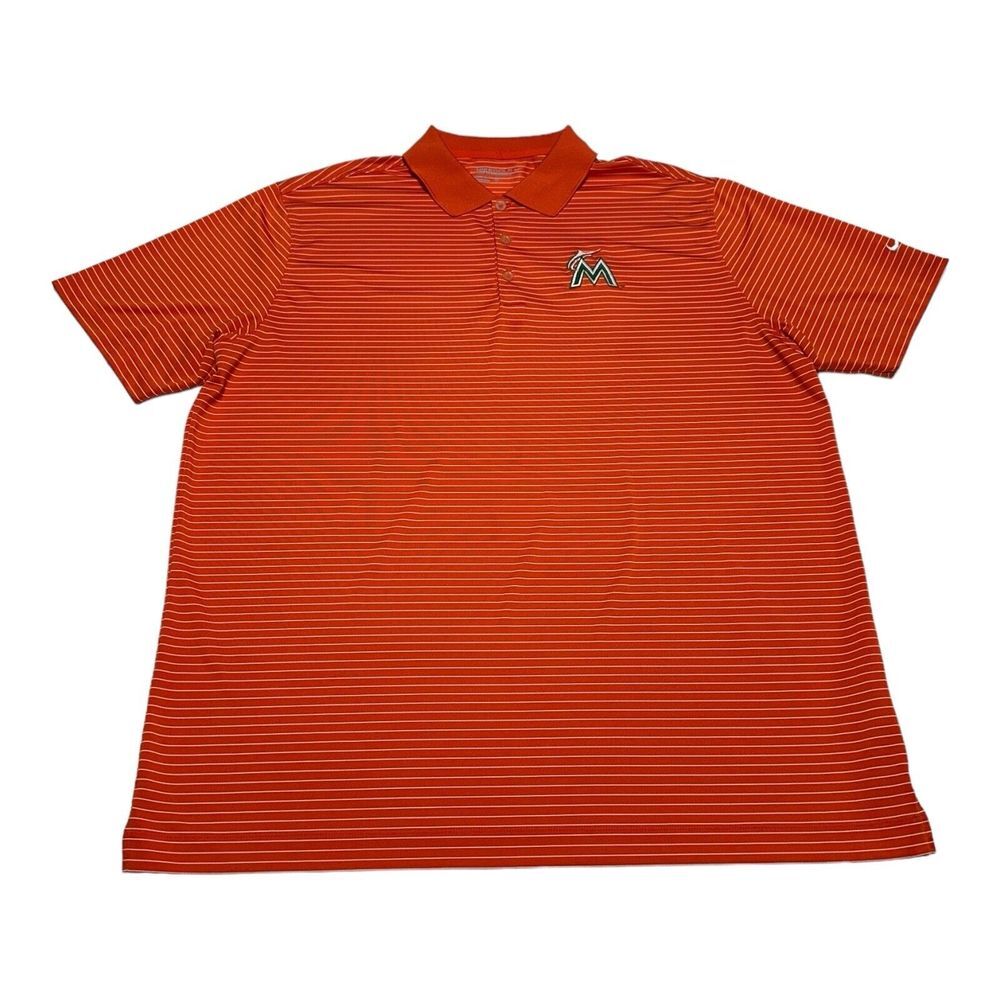Nike‎ Miami Marlins Polo Shirt Men's XL Golf Orange Striped MLB Baseball Dri-Fit
